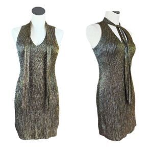 IZ BYER Knit Gold Silver Shimmer Dress Size XS Lined Tie Stunning Metallic Mini
